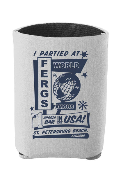 Light gray foam insulated can cooler featuring a navy blue I Partied at Ferg's graphic design.