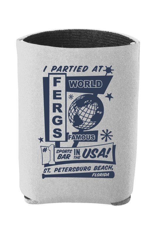 Light gray foam insulated can cooler featuring a navy blue I Partied at Ferg's graphic design.