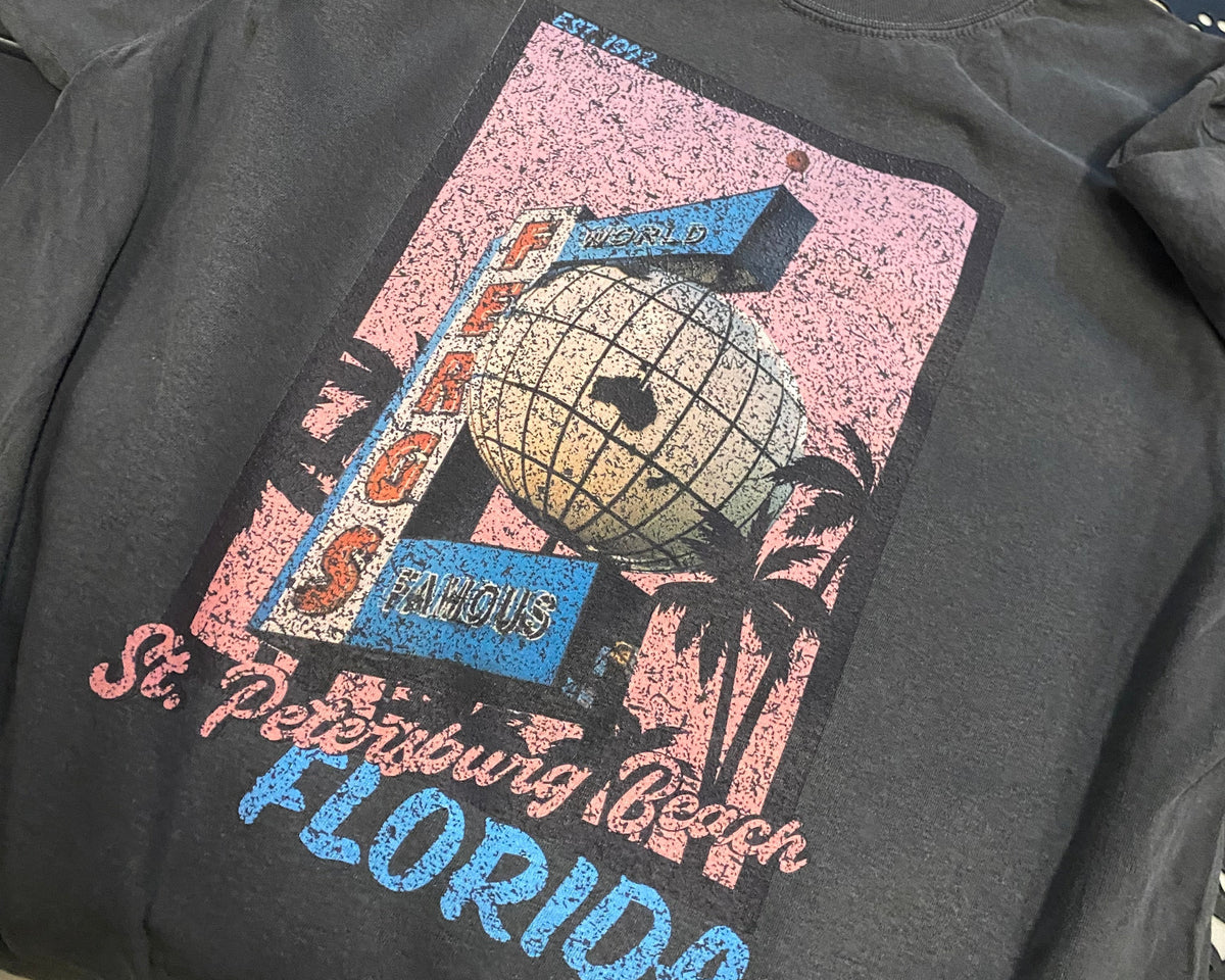Ferg's World Famous Sign printed t-shirt. Shirt is featuring a throwback style print for St. Petersberg's popular sports bar's iconic sign with globe and neon lights