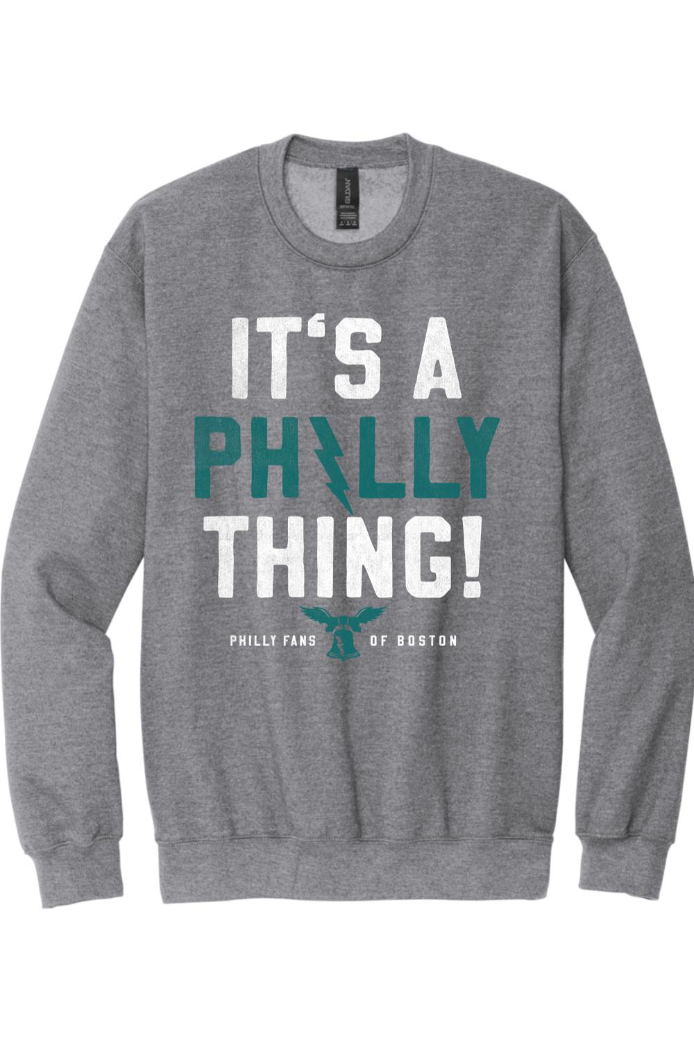 Sport grey crewneck sweatshirt featuring It's a Philly Thing text with a teal lightning bolt and eagle bell logo.