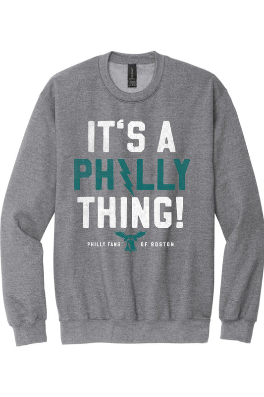 Sport grey crewneck sweatshirt featuring It's a Philly Thing text with a teal lightning bolt and eagle bell logo.