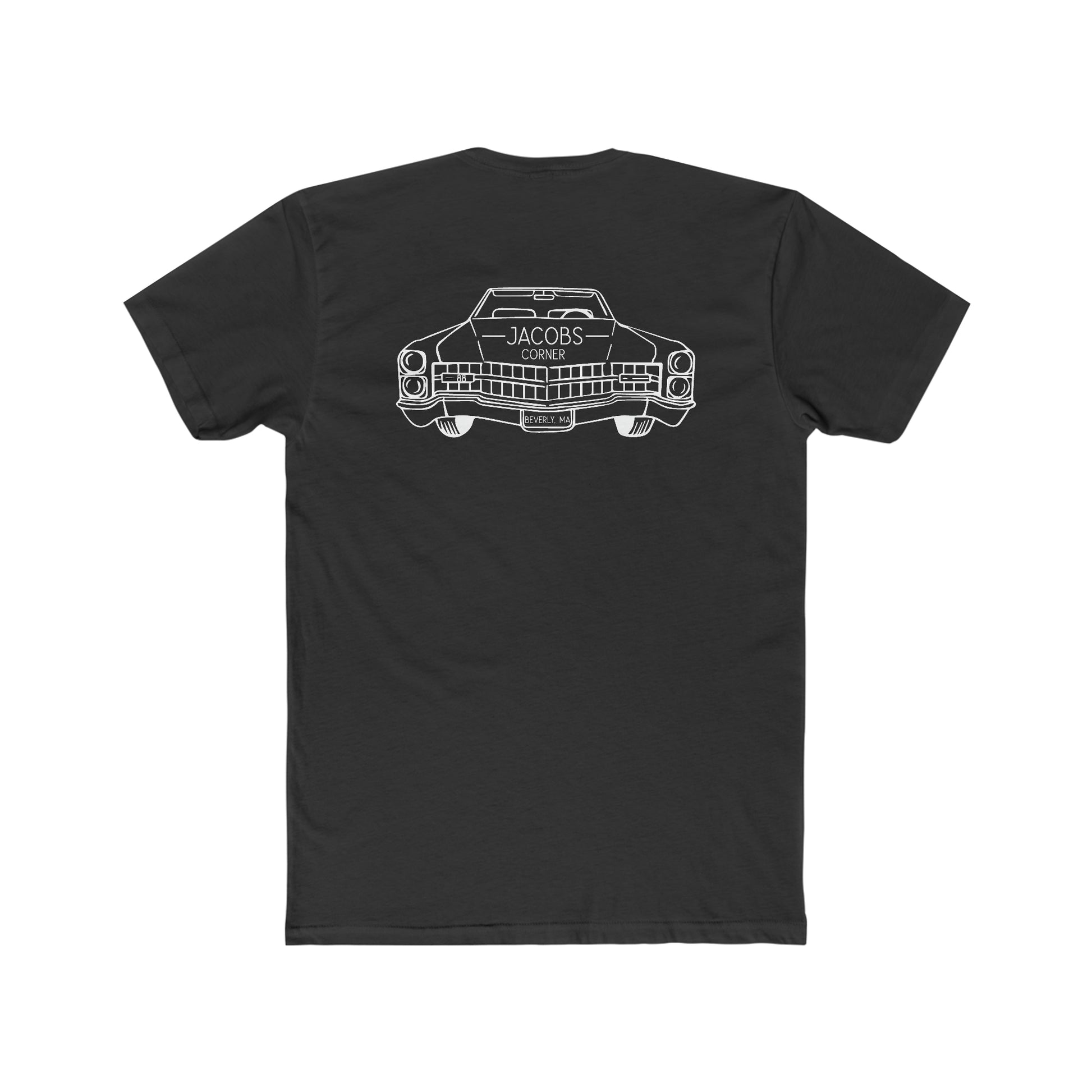 Black premium cotton t-shirt featuring a white line art graphic of a vintage car on the back.