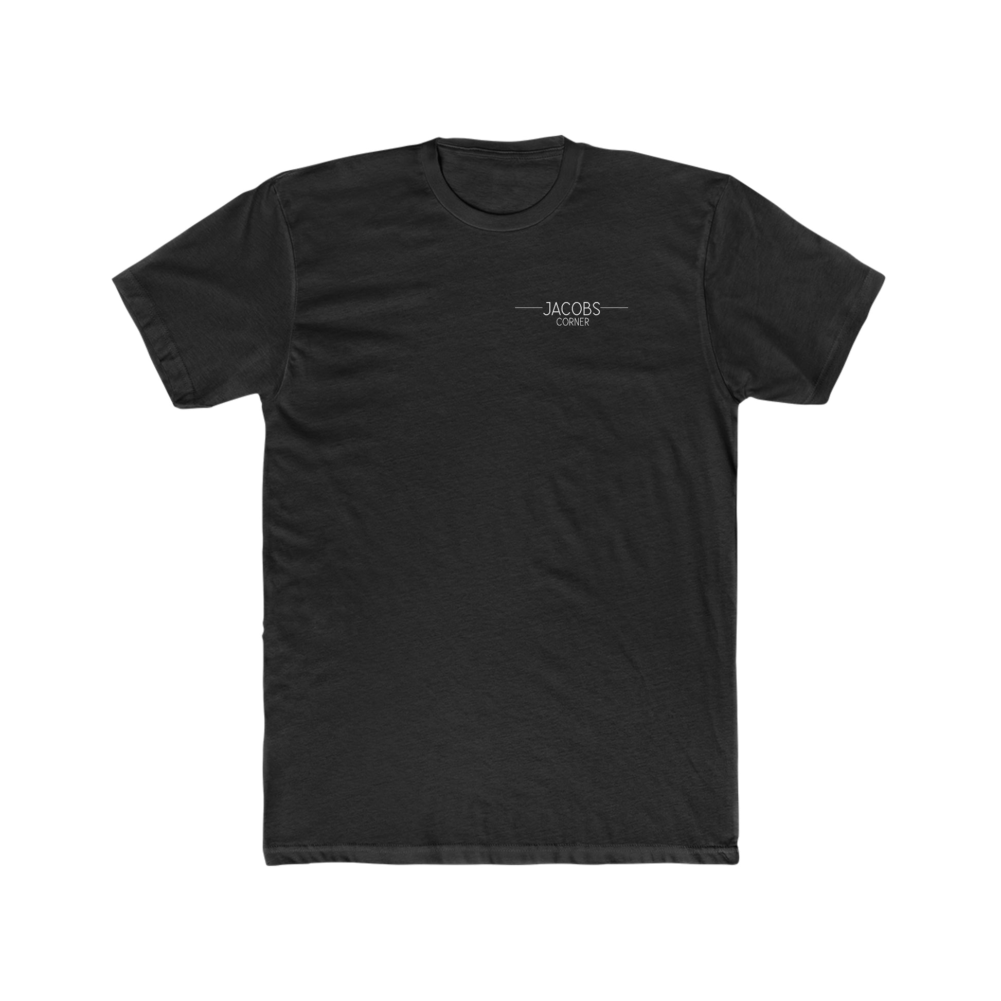 Black premium cotton crewneck t-shirt featuring a small white Jacob's Corner logo on the left chest.