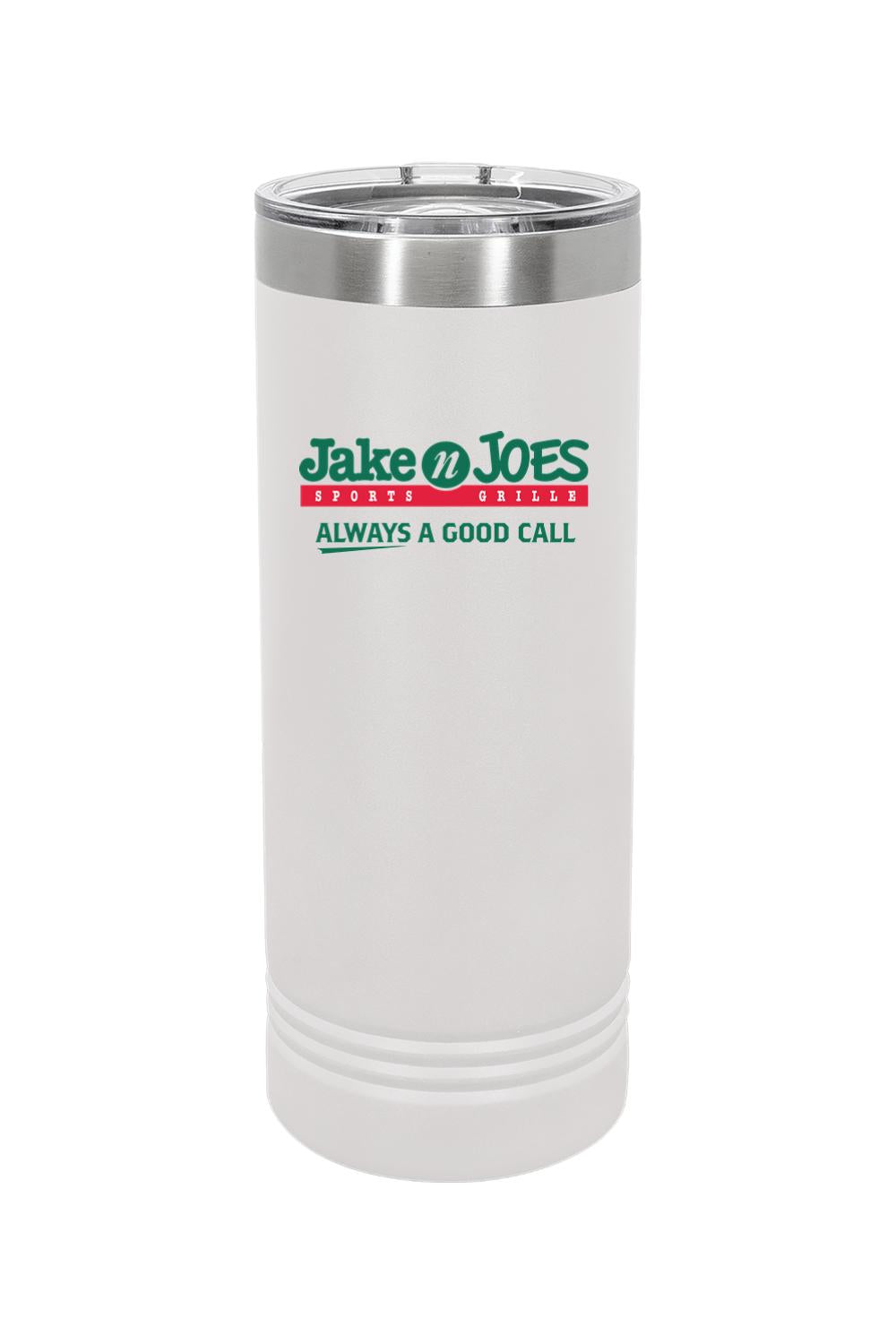 White 22 oz. skinny tumbler with Jake n JOES logo, slider lid, and double-wall insulated stainless steel design.