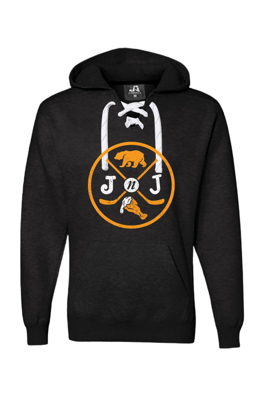 Black hooded sweatshirt with white lace-up neck, featuring a bear and wing logo graphic in orange and white.