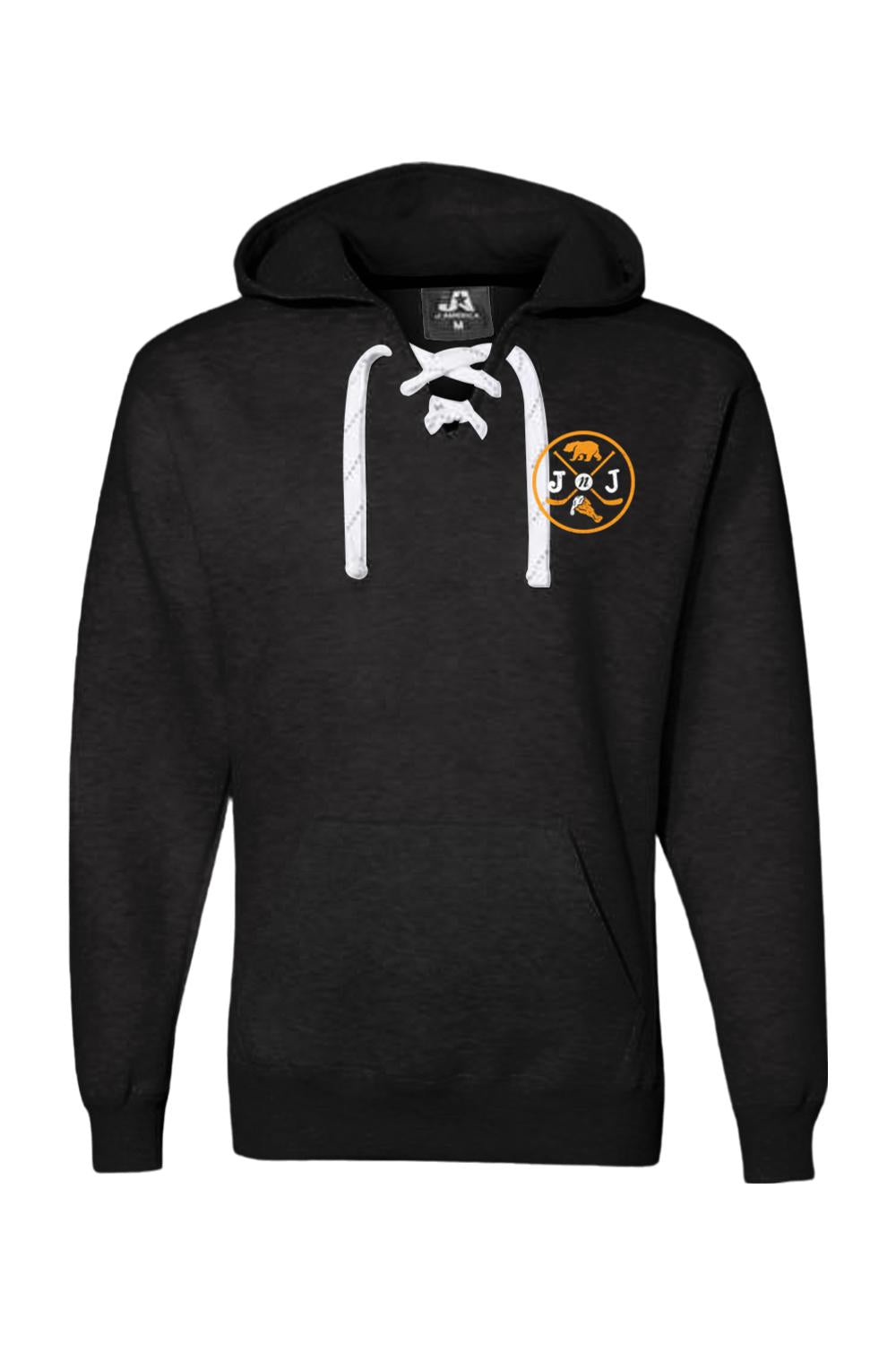 Black hooded sweatshirt with white lace-up neckline and Jake n' JOES bear wing logo on the left chest.