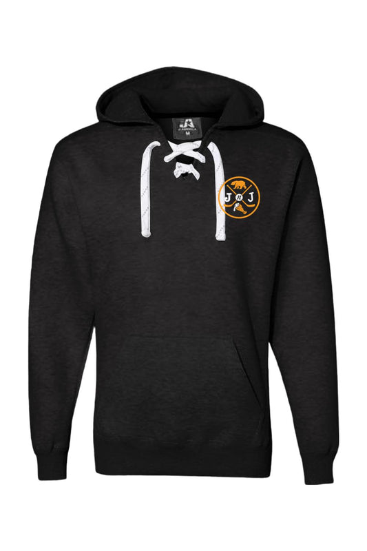 Black hooded sweatshirt with white lace-up neckline and Jake n' JOES bear wing logo on the left chest.