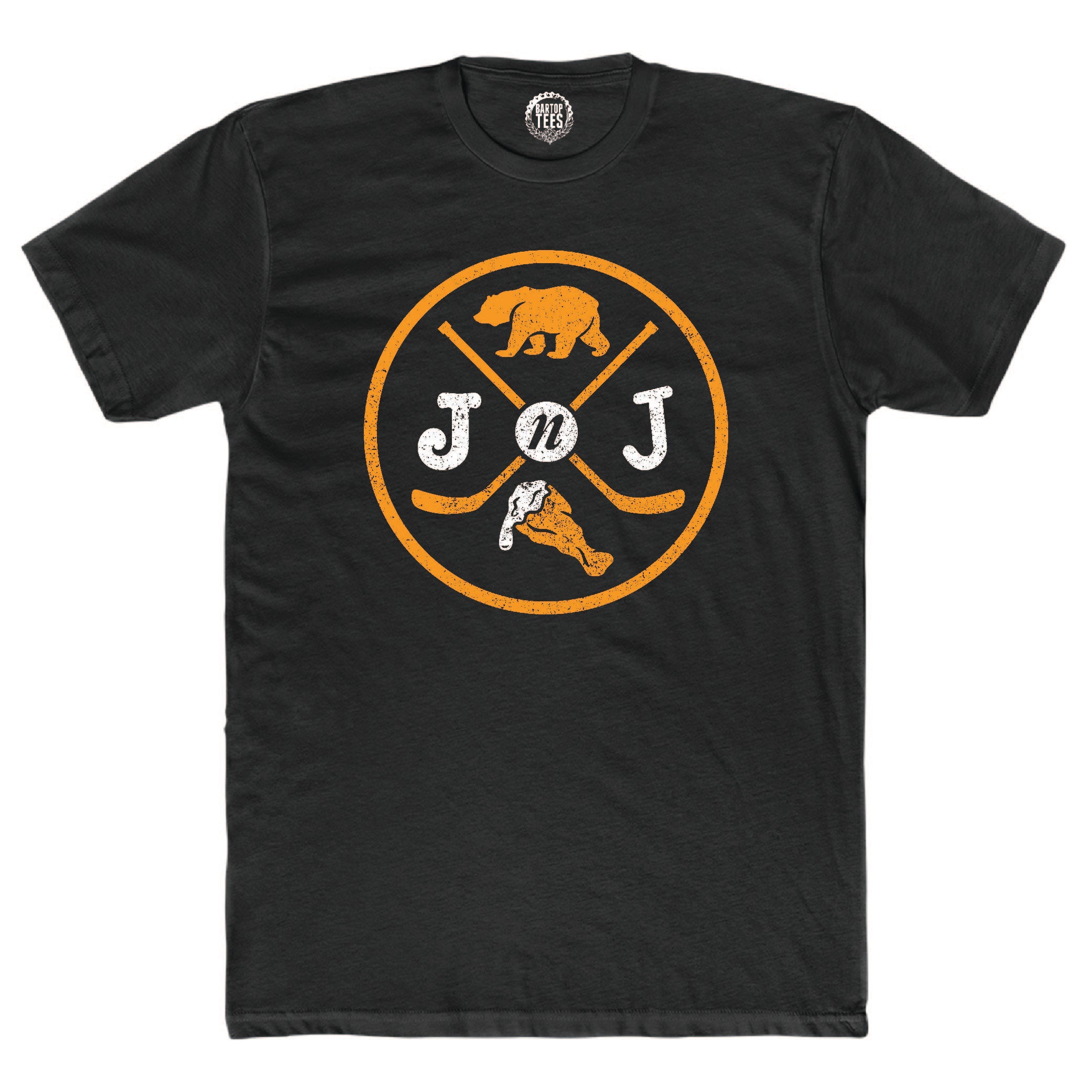 Black cotton crew neck t-shirt featuring a Jake n JOES bear, wing, and hockey stick graphic logo.