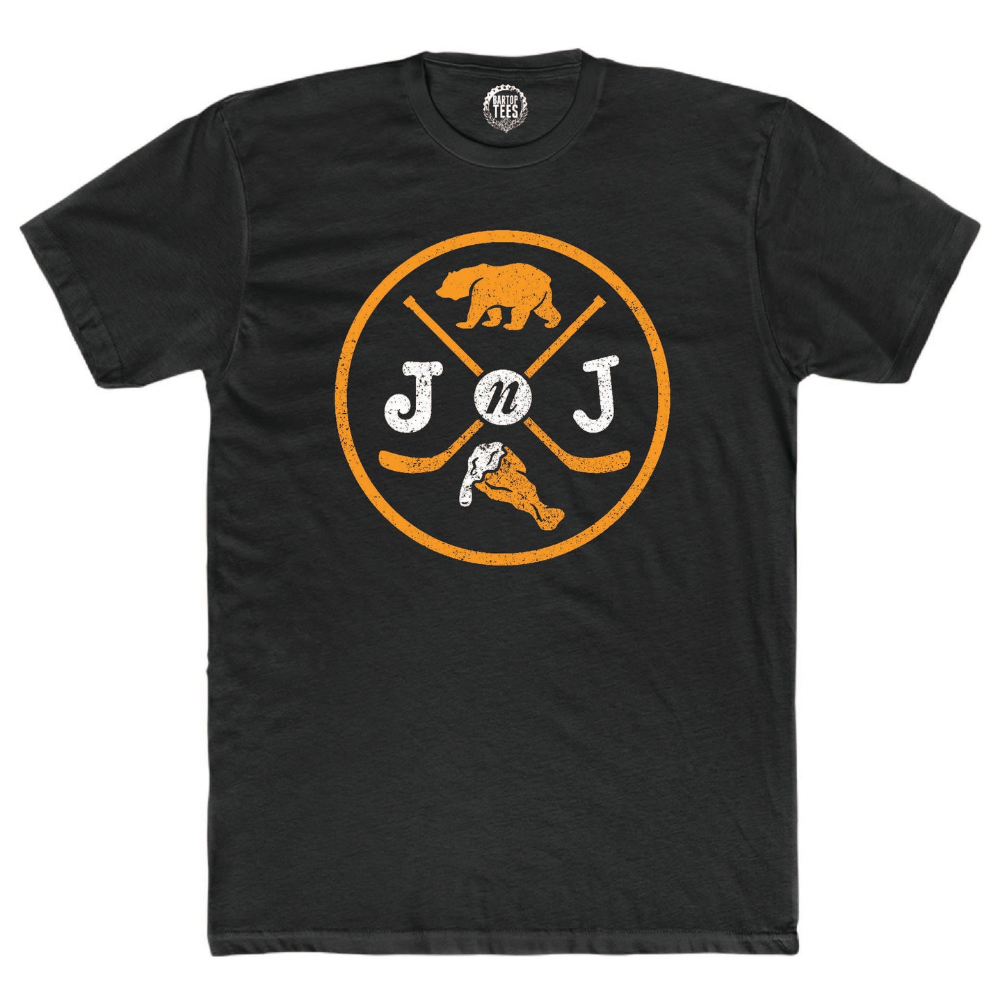 Black cotton crew neck t-shirt featuring a Jake n JOES bear, wing, and hockey stick graphic logo.