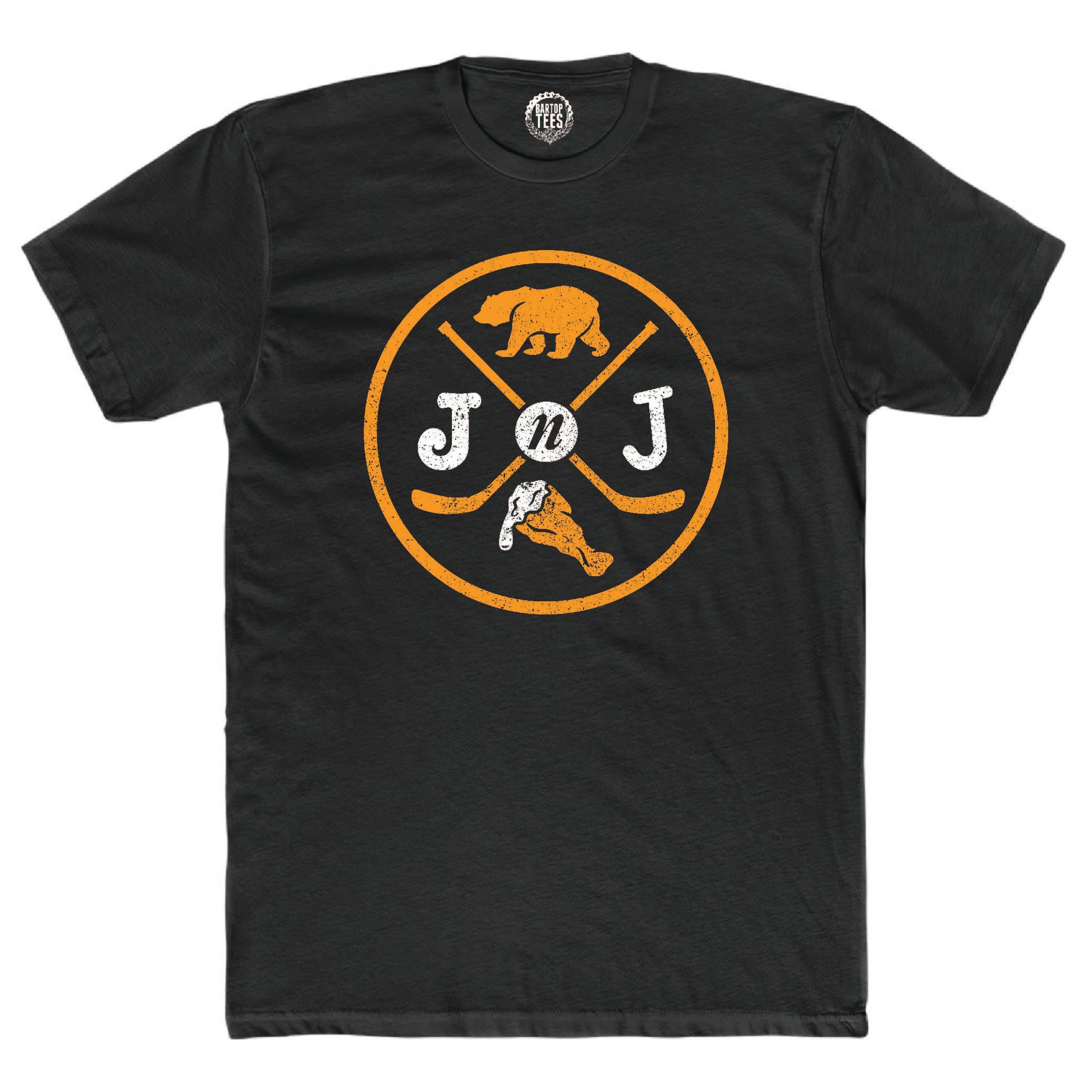 Black cotton crew neck t-shirt featuring a Jake n JOES bear, wing, and hockey stick graphic logo.
