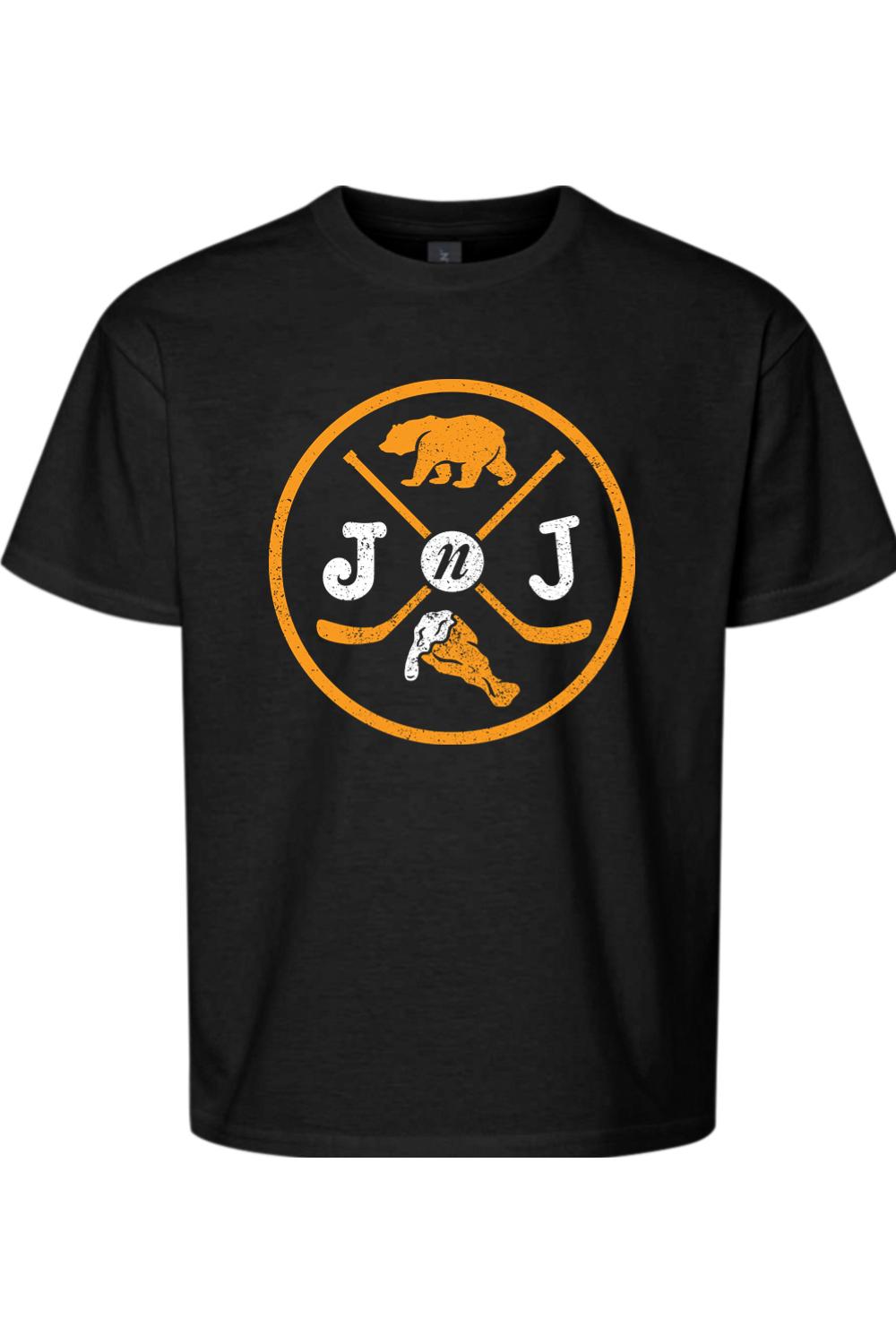 Black youth cotton t-shirt featuring a circular orange Jake n JOES bear and chicken wing logo graphic.