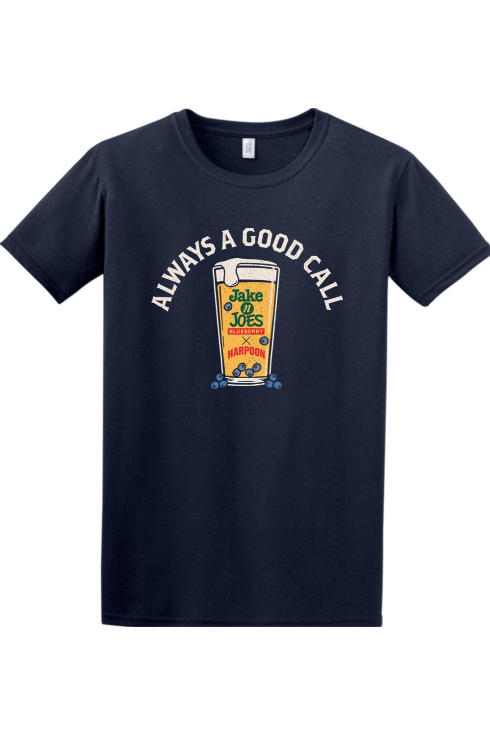 Navy blue cotton t-shirt featuring a Jake n JOES Blueberry IPA graphic with the text Always a Good Call.