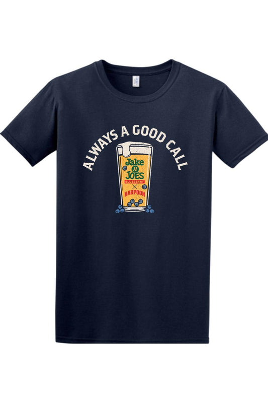 Navy blue cotton t-shirt featuring a Jake n JOES Blueberry IPA graphic with the text Always a Good Call.