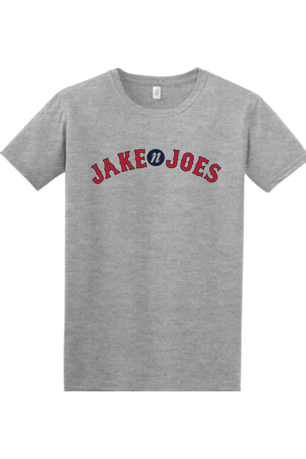 Grey 100% cotton crew neck t-shirt featuring a red and blue Jake n JOES Boston baseball-style graphic logo.