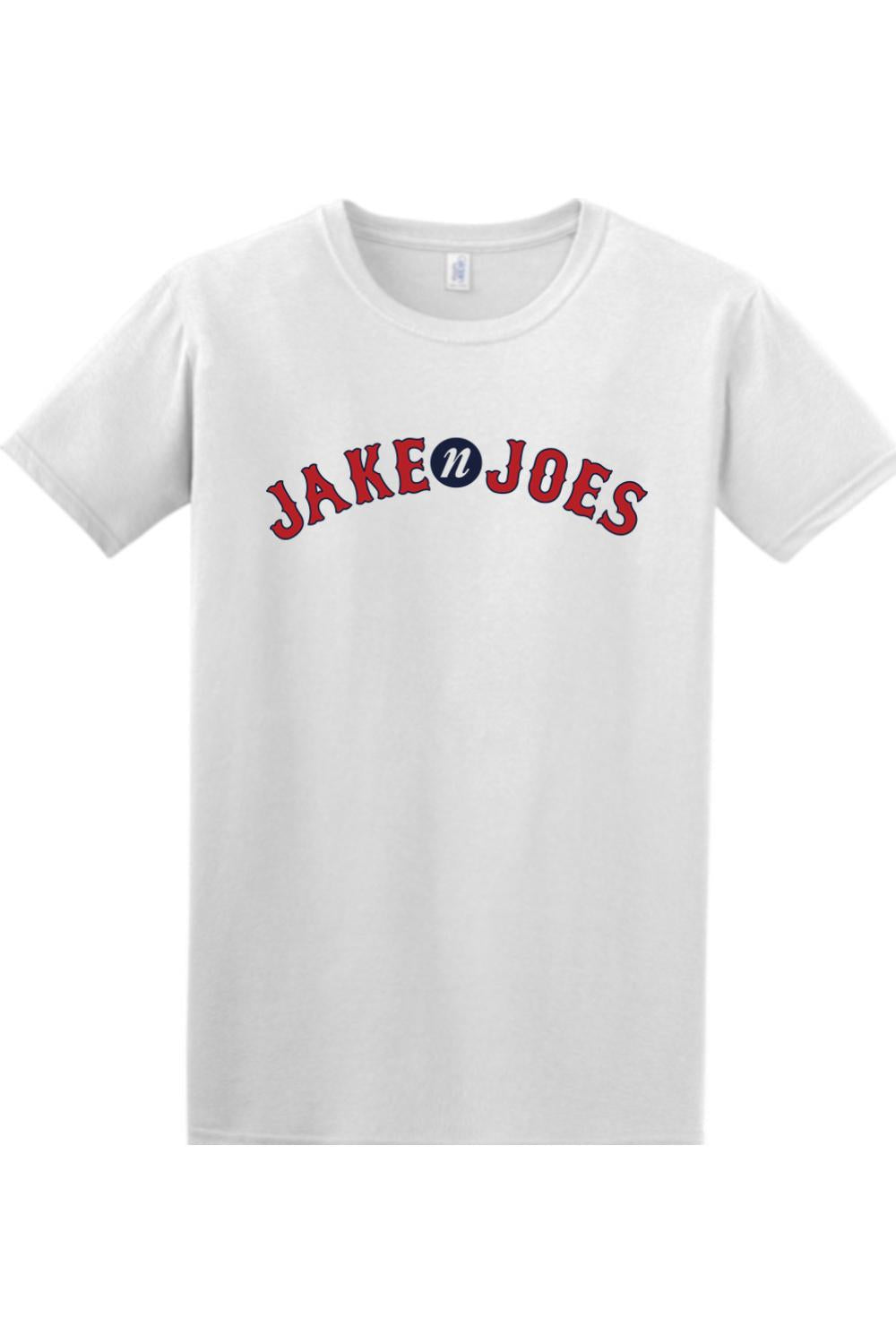 White 100% cotton short-sleeve t-shirt featuring a red and blue Jake n JOES baseball-style logo on the chest.