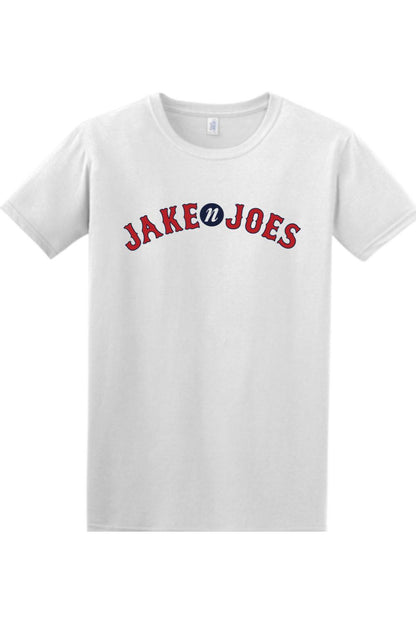 White 100% cotton short-sleeve t-shirt featuring a red and blue Jake n JOES baseball-style logo on the chest.