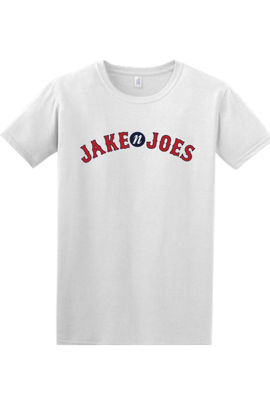 White 100% cotton short-sleeve t-shirt featuring a red and blue Jake n JOES baseball-style logo on the chest.