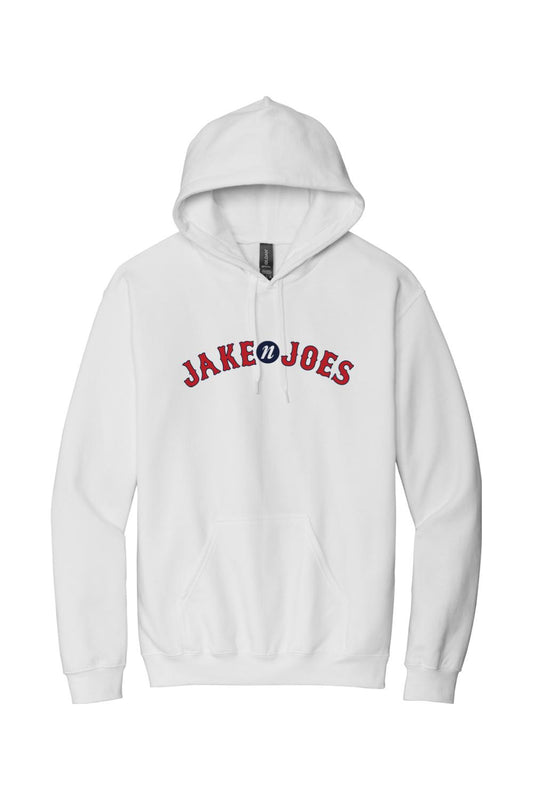 White men's pullover hoodie featuring a red and blue Jake n JOES Boston baseball-style logo on the chest.