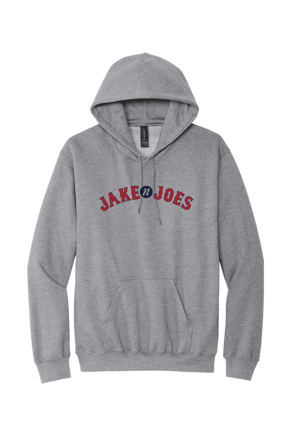 Grey men's Jake n JOES Boston baseball hoodie with a red and blue logo, drawstring hood, and front kangaroo pocket.