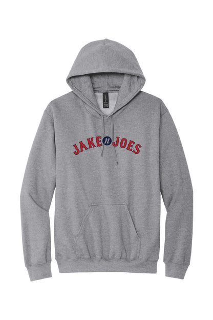 Grey men's Jake n JOES Boston baseball hoodie with a red and blue logo, drawstring hood, and front kangaroo pocket.