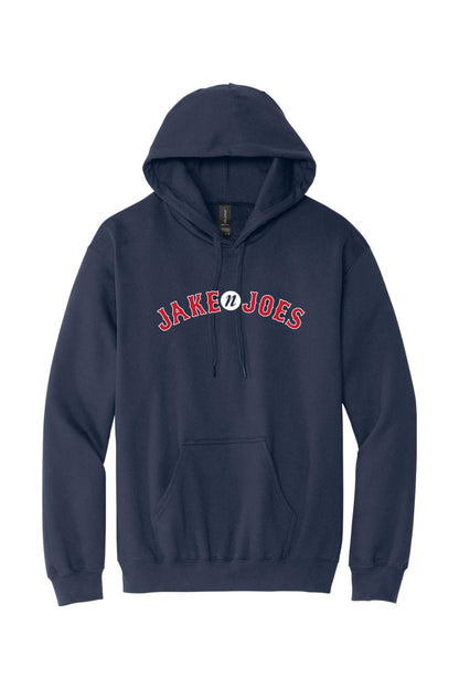 Navy blue men's baseball hoodie with Jake n JOES logo in red and white lettering and a front kangaroo pocket.