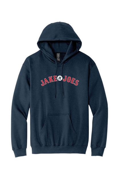 Navy blue men's hoodie featuring a red and white Jake n JOES baseball-style logo, drawstring hood, and front pocket.