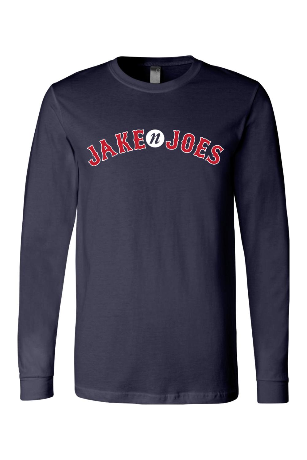 Navy blue long-sleeve cotton t-shirt featuring a red and white Jake n JOES baseball-style logo on the chest.