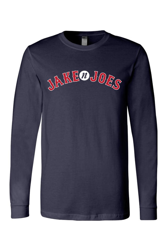 Navy blue long-sleeve cotton t-shirt featuring a red and white Jake n JOES baseball-style logo on the chest.