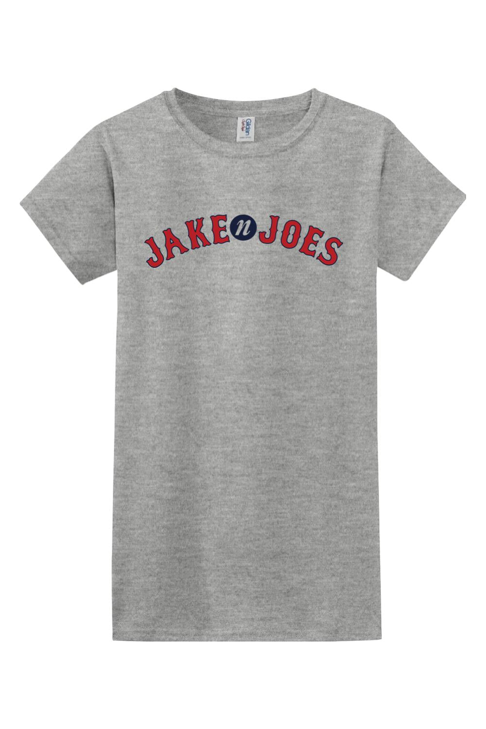 Women's sport grey cotton-blend t-shirt featuring a red and blue Jake n JOES Boston baseball-style logo.