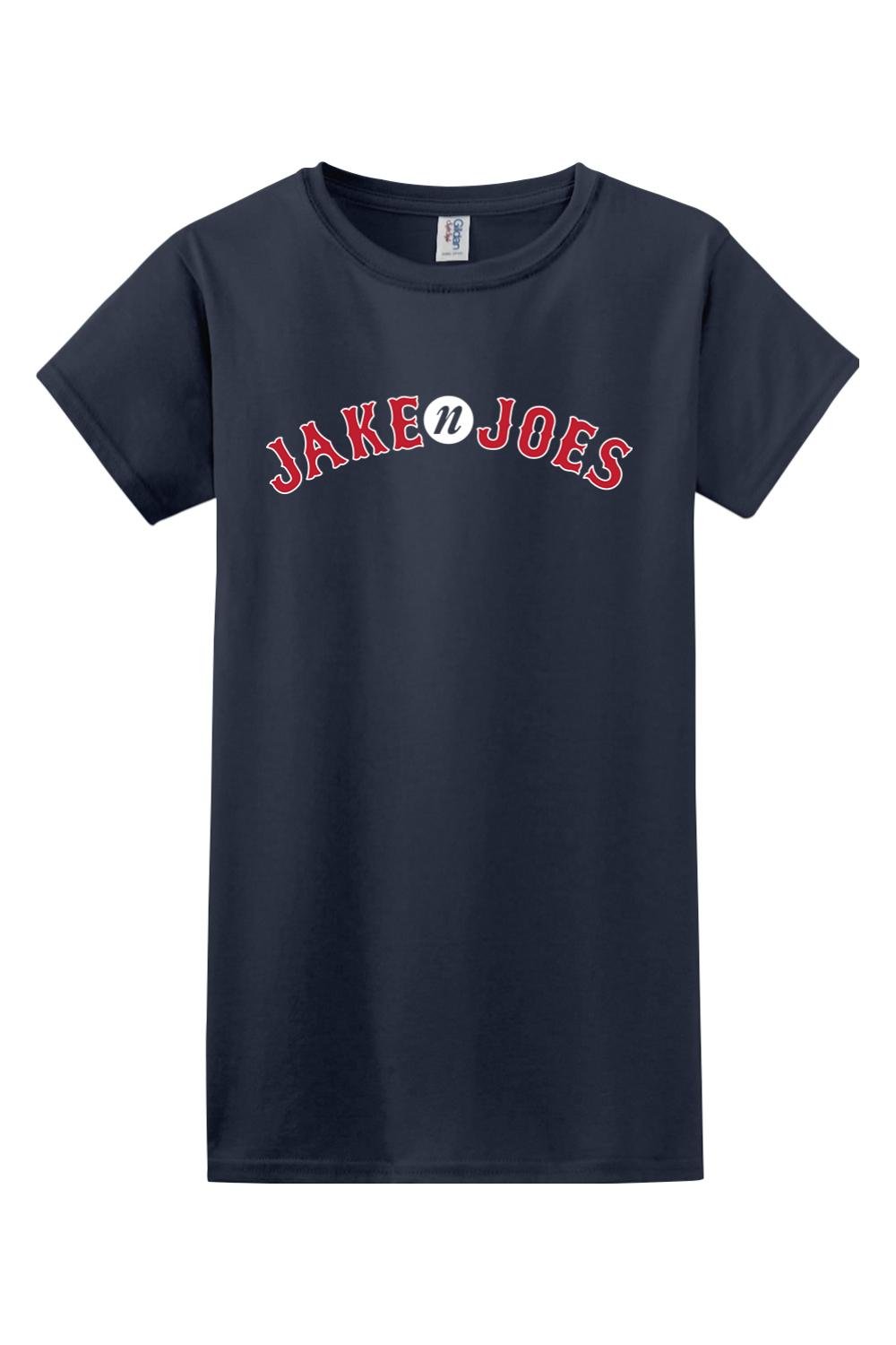 Navy blue women's cotton t-shirt featuring a red and white Jake n JOES Boston-style baseball graphic logo.
