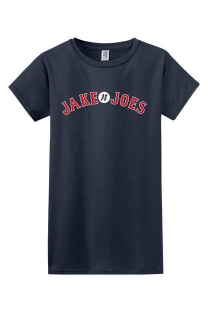 Navy blue women's cotton t-shirt featuring a red and white Jake n JOES Boston-style baseball graphic logo.