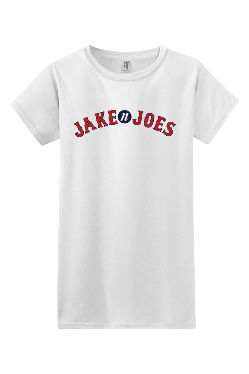 White women's cotton t-shirt featuring a red and blue Jake n JOES baseball-style logo on the chest.