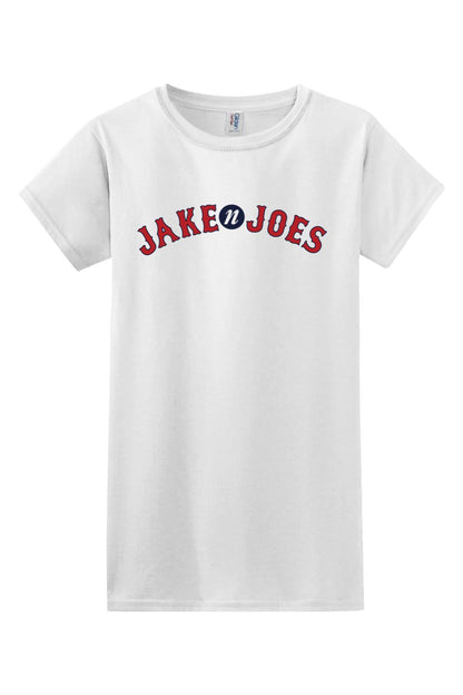 White women's cotton t-shirt featuring a red and blue Jake n JOES baseball-style logo on the chest.