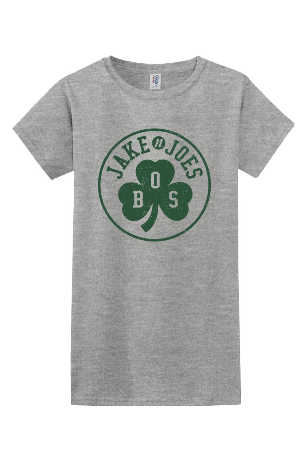 Women's grey cotton t-shirt featuring a green Jake n JOES Boston Irish shamrock logo graphic.