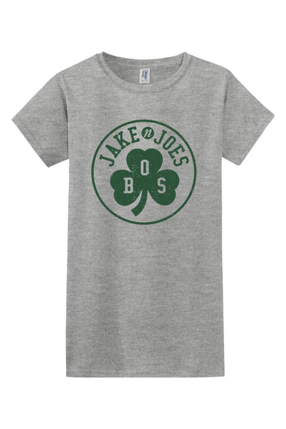 Women's grey cotton t-shirt featuring a green Jake n JOES Boston Irish shamrock logo graphic.