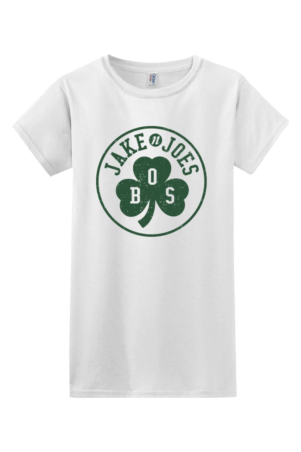 White women's 100% cotton t-shirt featuring a green Boston Irish Jake n JOES shamrock graphic on the front.