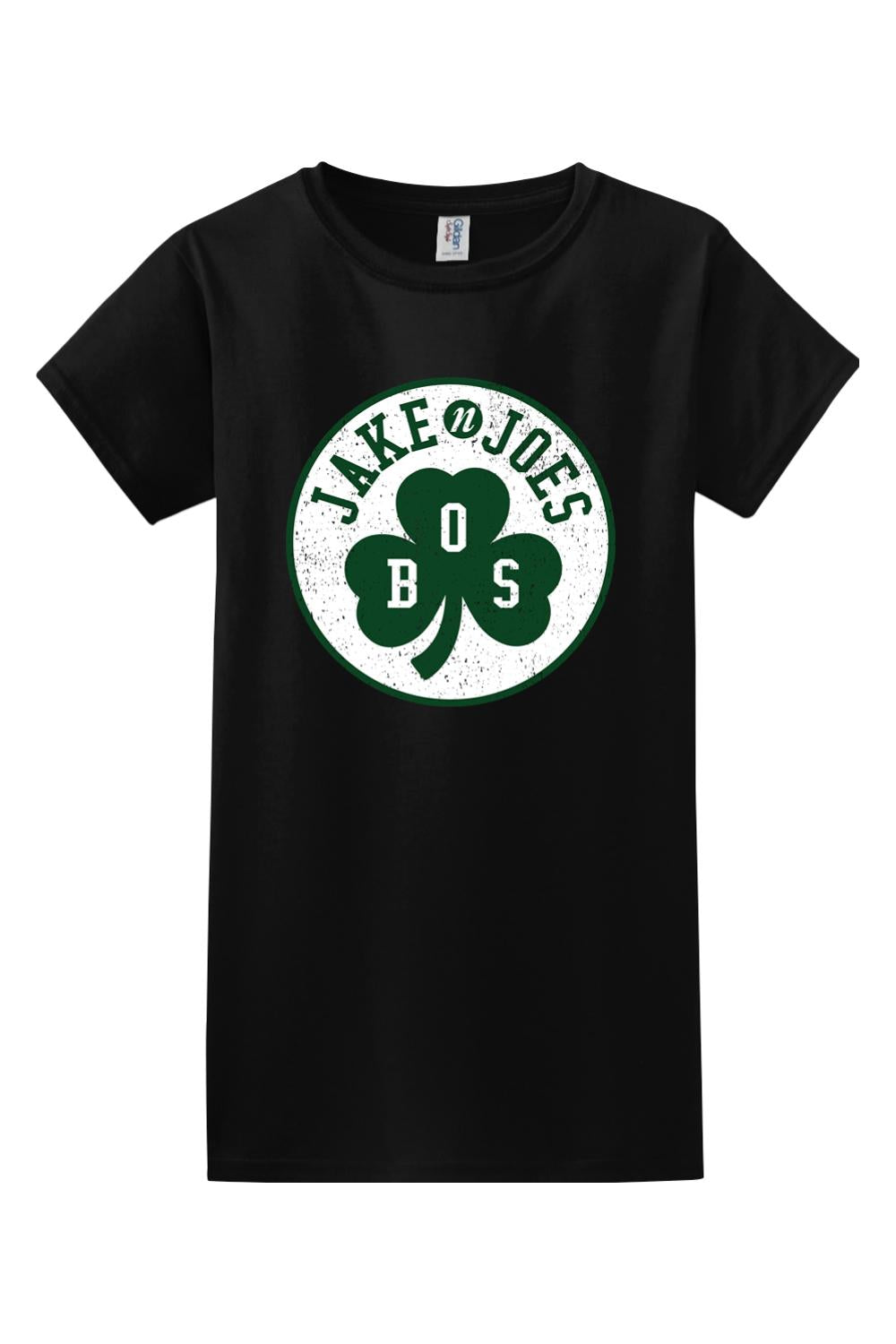 Black women's cotton t-shirt featuring a green and white distressed Boston Irish shamrock logo graphic.