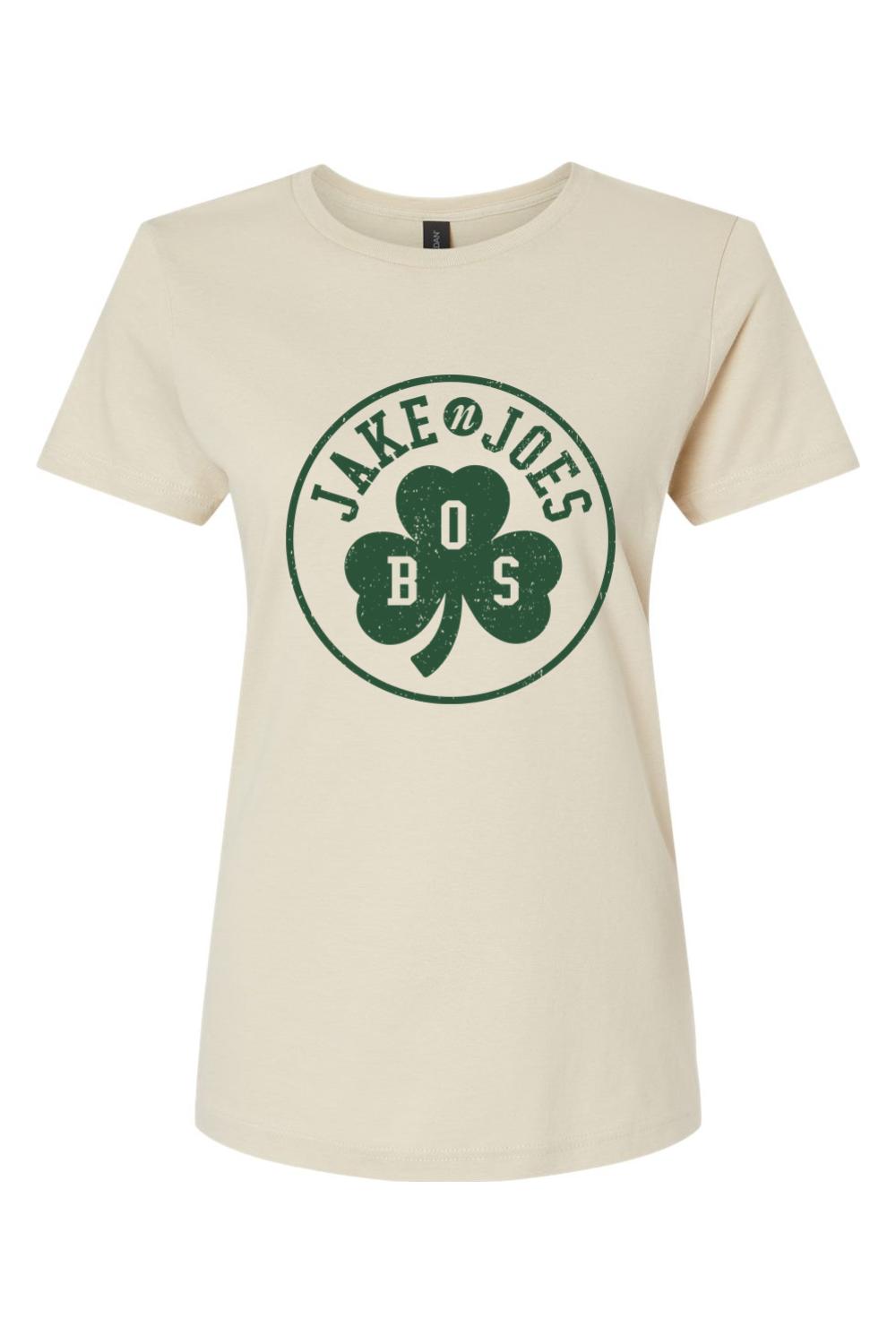 Women's cream 100% cotton t-shirt featuring a green Boston Irish shamrock logo with Jake n JOES text.
