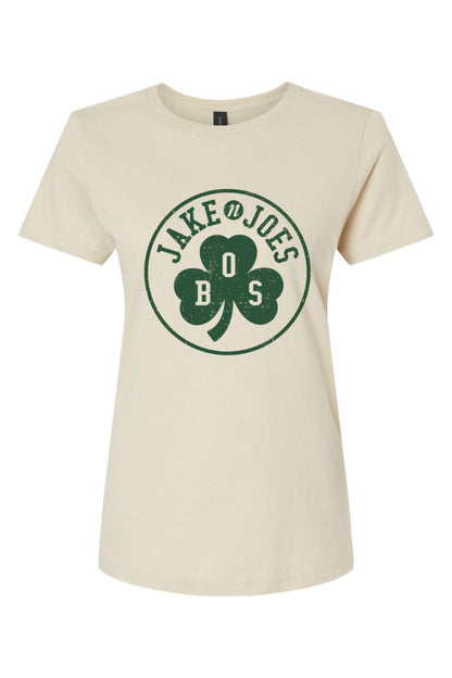 Women's cream 100% cotton t-shirt featuring a green Boston Irish shamrock logo with Jake n JOES text.