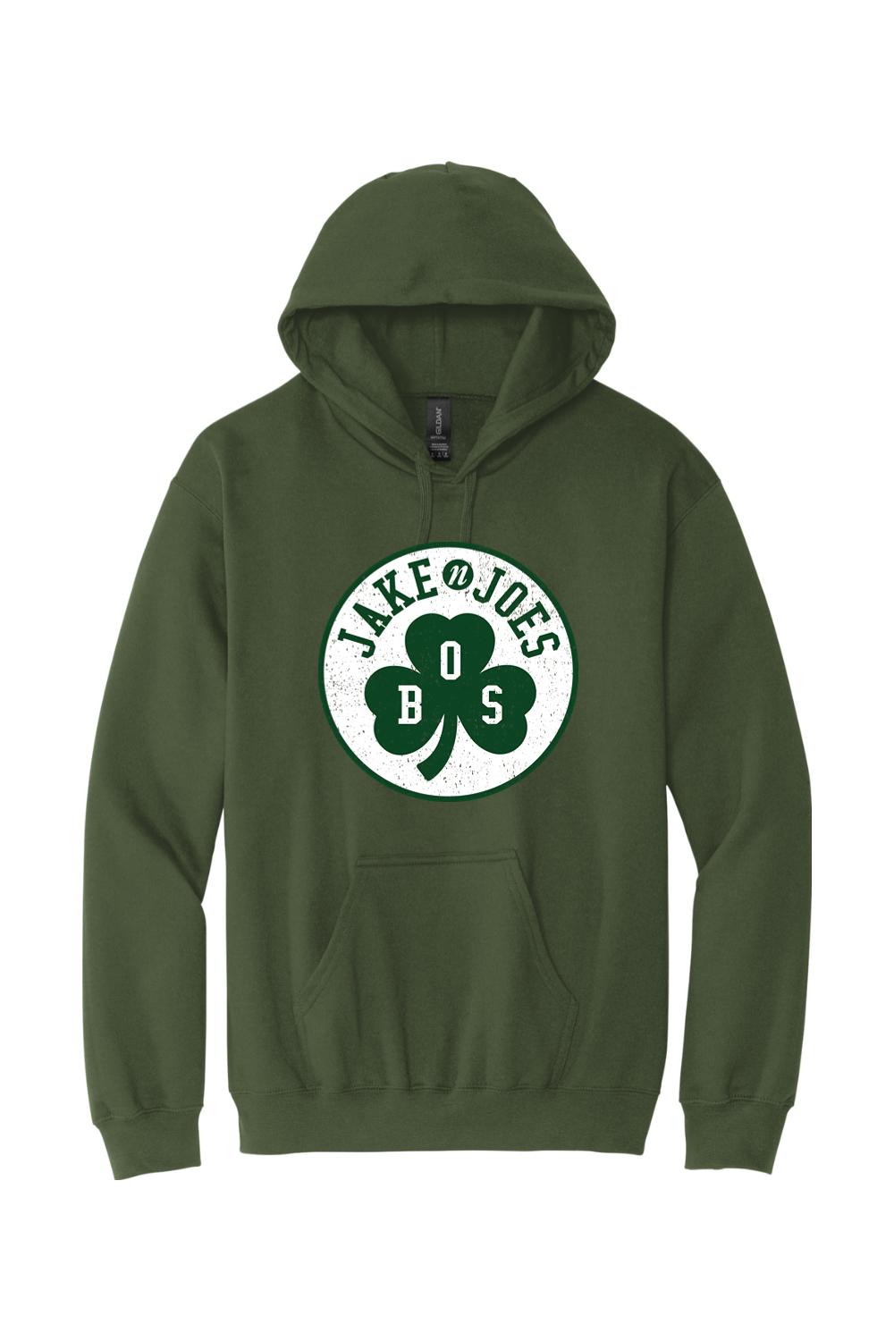 Forest green pullover hoodie featuring a white Jake n JOES Boston shamrock logo graphic on the chest.