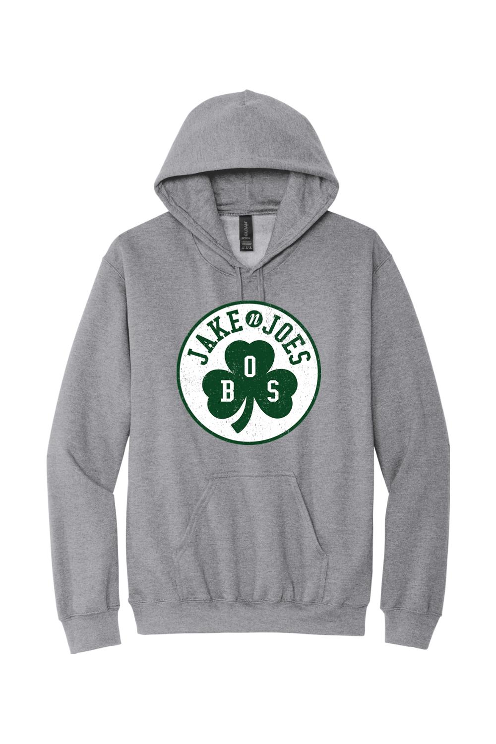 Grey cotton-blend pullover hoodie featuring a green Jake n JOES Boston shamrock logo graphic on the chest.