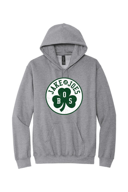 Grey cotton-blend pullover hoodie featuring a green Jake n JOES Boston shamrock logo graphic on the chest.