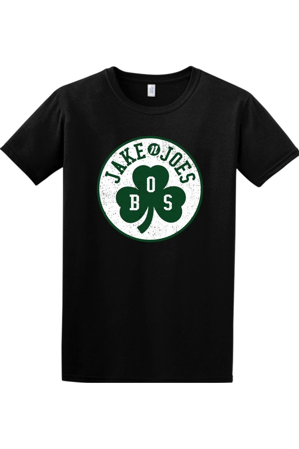Black cotton t-shirt featuring a green shamrock logo with Jake n JOES Boston text in a distressed circular design.