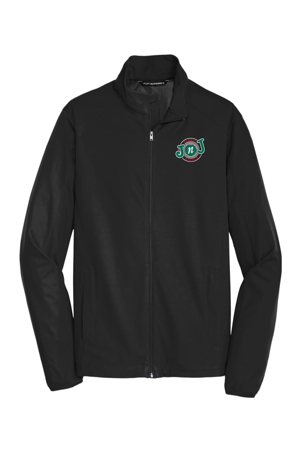 Black men's active soft shell jacket with Jake n JOES logo embroidery, full-zip front, and water-resistant finish.
