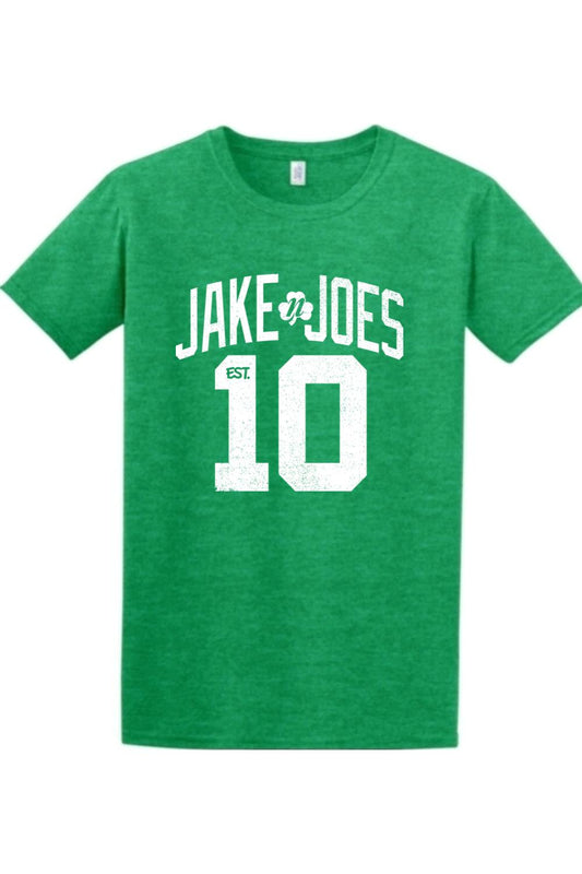 Green ring-spun cotton t-shirt featuring white Jake n JOES basketball-style graphic and number 10 print.