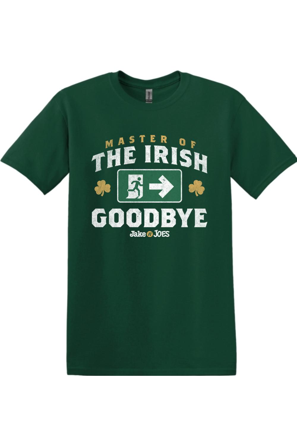 Forest green cotton t-shirt featuring Master of the Irish Goodbye text, an exit sign graphic, and shamrock accents.