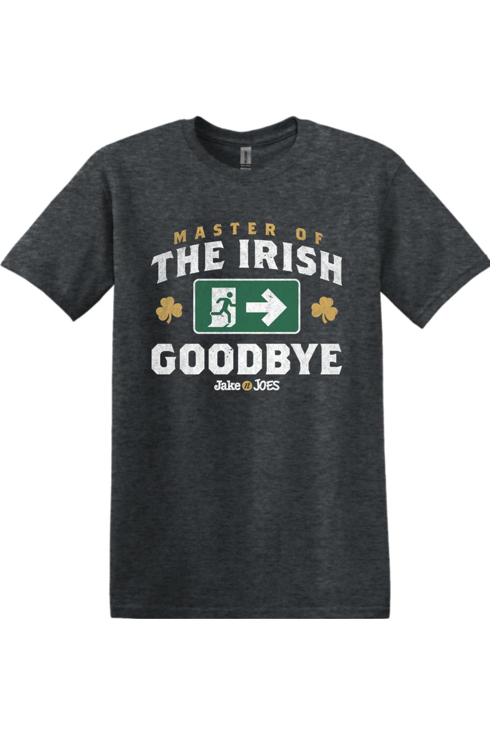 Charcoal grey cotton t-shirt featuring Master of the Irish Goodbye text, a green exit sign graphic, and shamrocks.