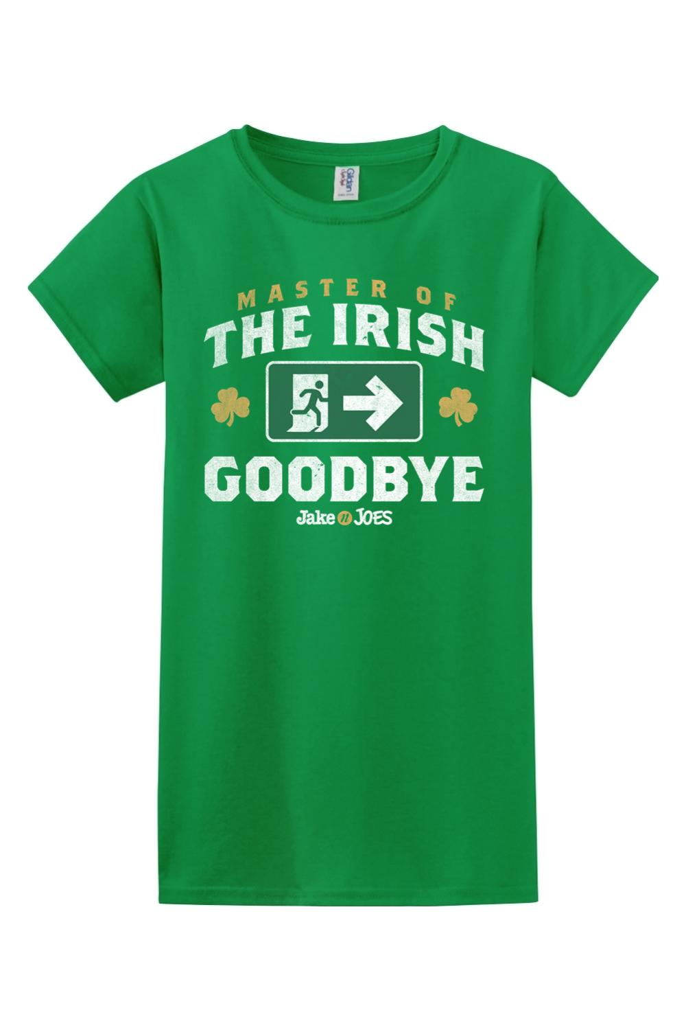 Green cotton women's t-shirt featuring Master of the Irish Goodbye text, an exit sign graphic, and shamrock icons.