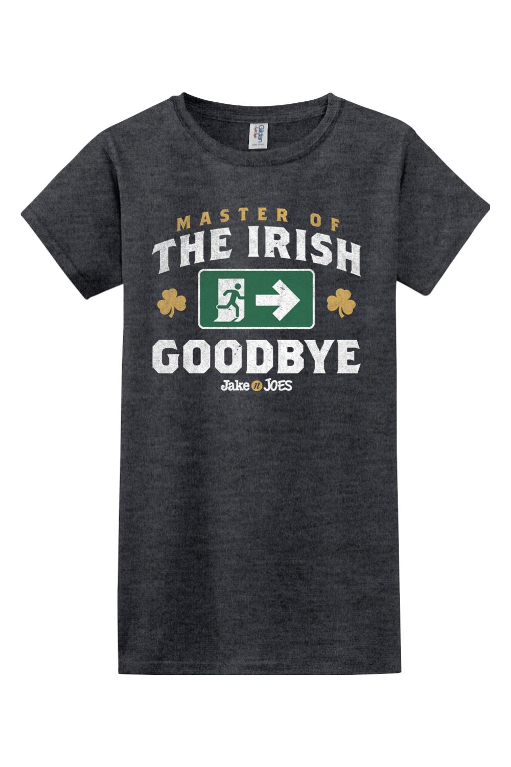 Charcoal grey women's cotton t-shirt featuring a Master of the Irish Goodbye graphic with a green exit sign and shamrocks.