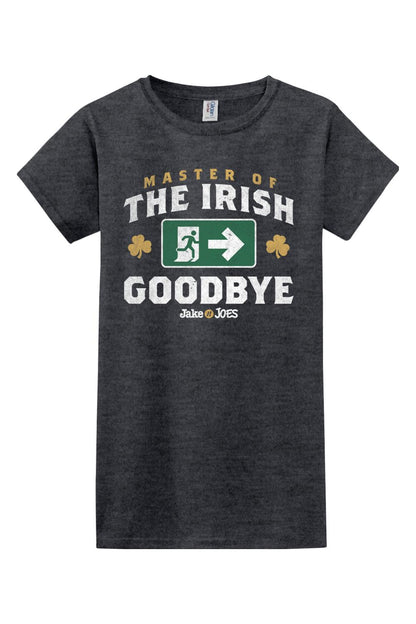 Charcoal grey women's cotton t-shirt featuring a Master of the Irish Goodbye graphic with a green exit sign and shamrocks.